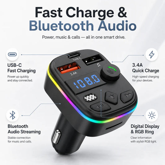 Bluetooth FM Transmitter with PD USB-C Fast Charging